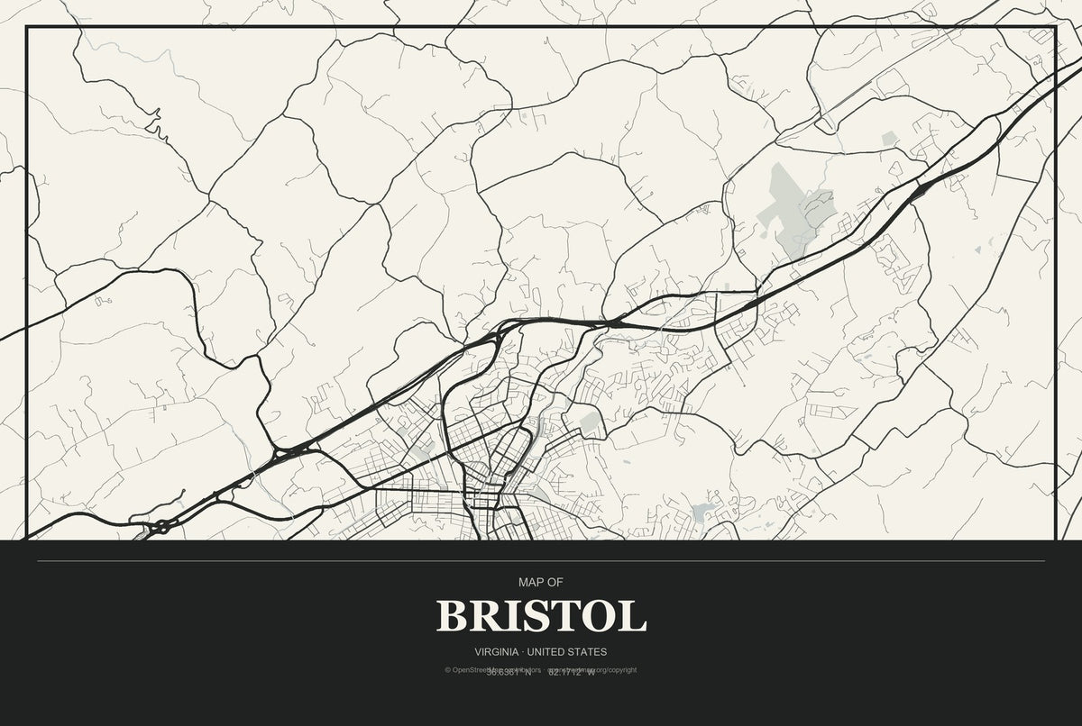 Bristol, Virginia City Map Aluminum Sign in Museum Plaque style
