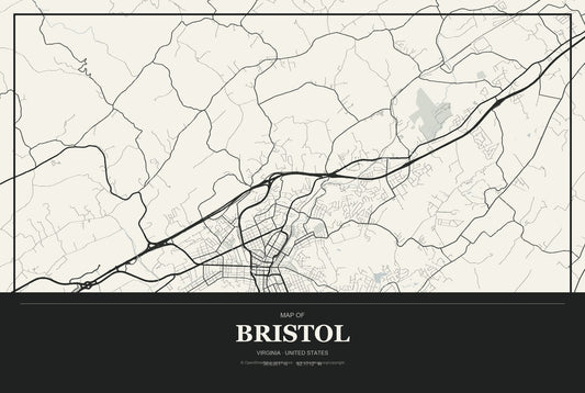 Bristol, Virginia City Map Aluminum Sign in Museum Plaque style