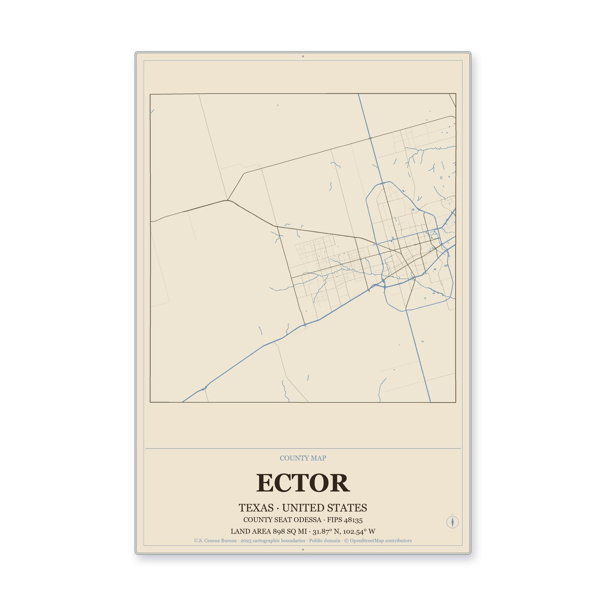Ector County, Texas Map Aluminum Sign in Heritage Nautical style