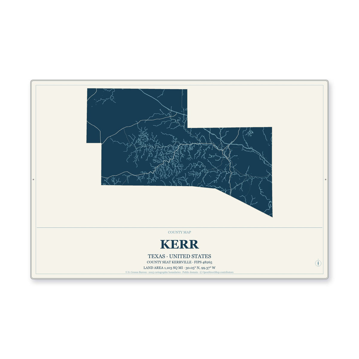Kerr County, Texas Map Aluminum Sign in Coastal Cutout style