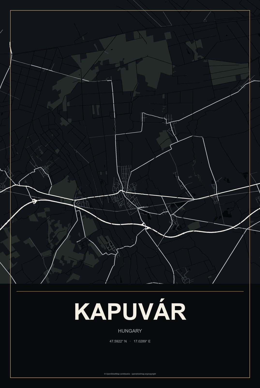 Kapuvár, Hungary City Map Aluminum Sign in Metropolitan Noir style