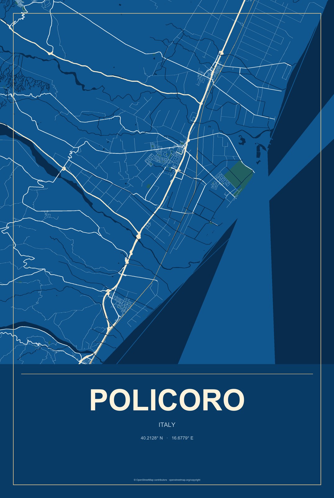 Policoro, Italy City Map Aluminum Sign in Harbor Cobalt style