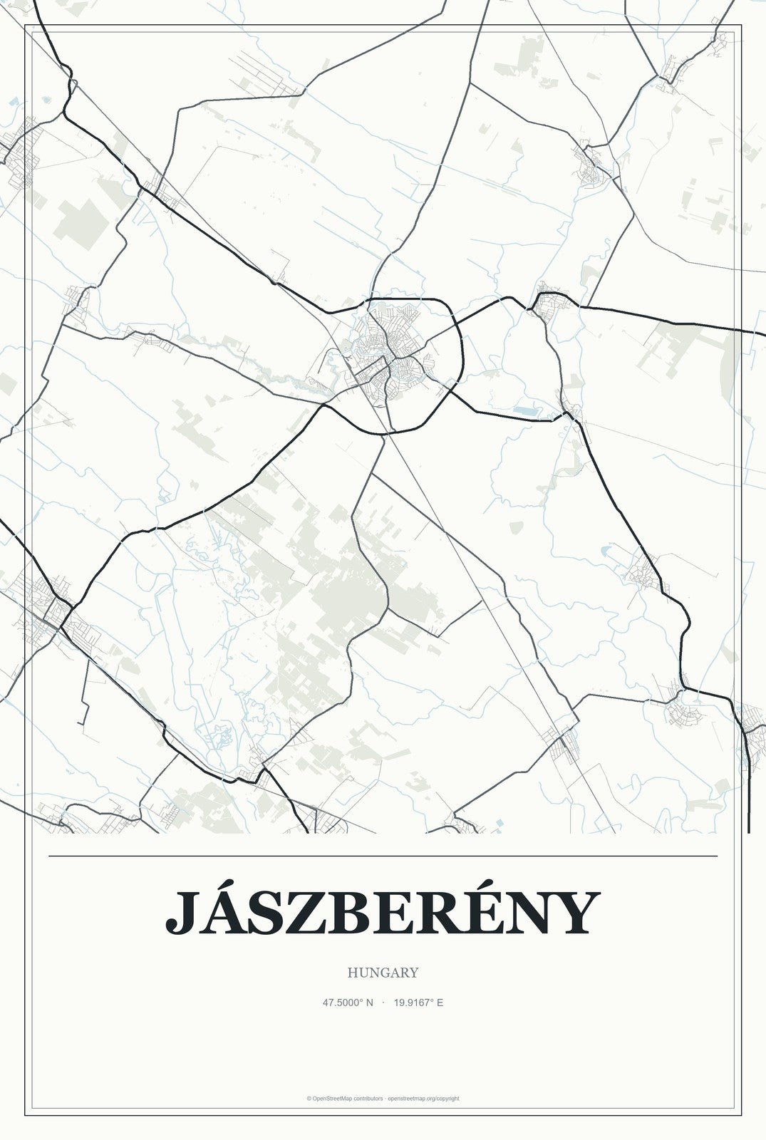 Jászberény, Hungary City Map Aluminum Sign in Gallery Air style