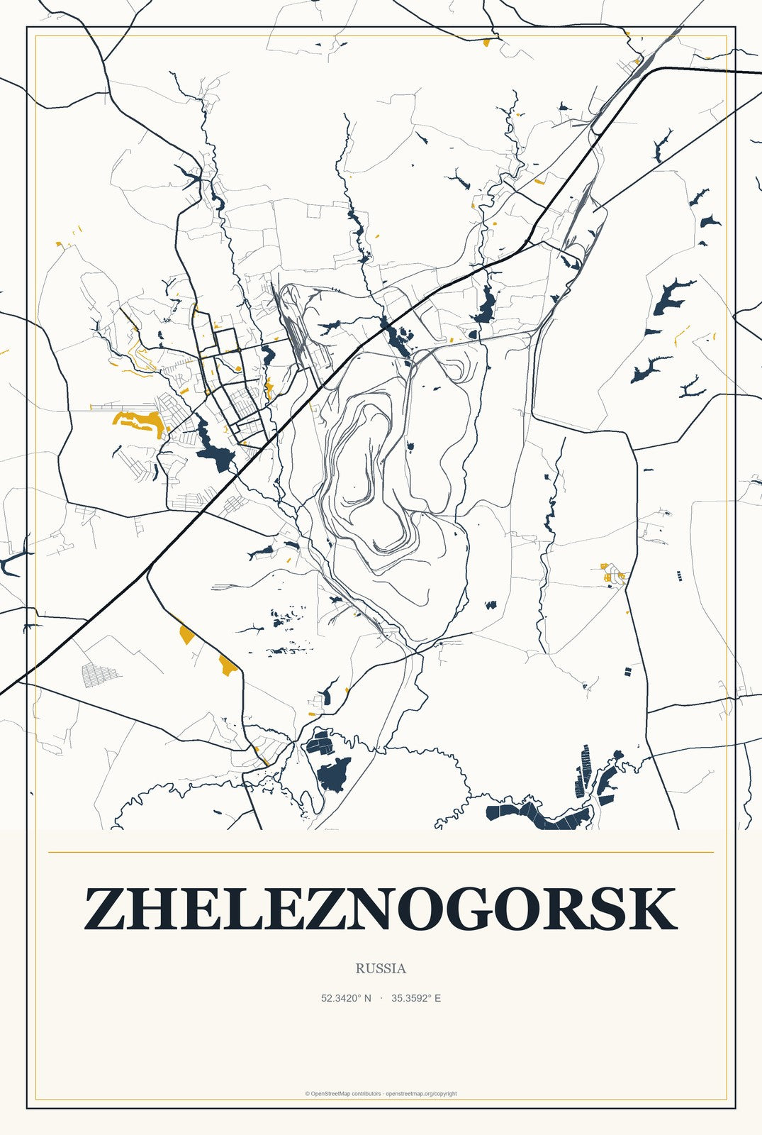 Zheleznogorsk, Krasnoyarsk Krai, Russia City Map Aluminum Sign in Citrine Modern style