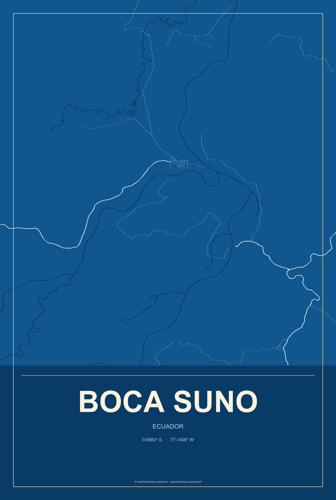 Boca Suno, Ecuador City Map Aluminum Sign in Harbor Cobalt style