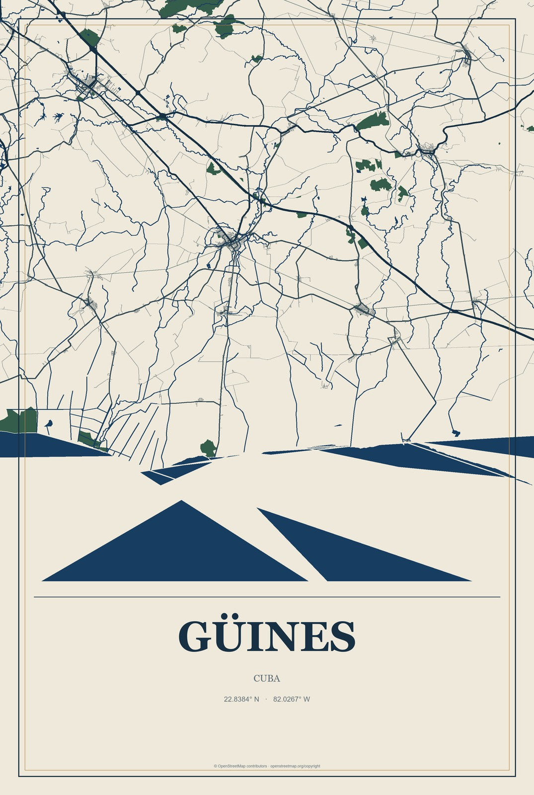 Güines, Cuba City Map Aluminum Sign in Coastal Cutout style