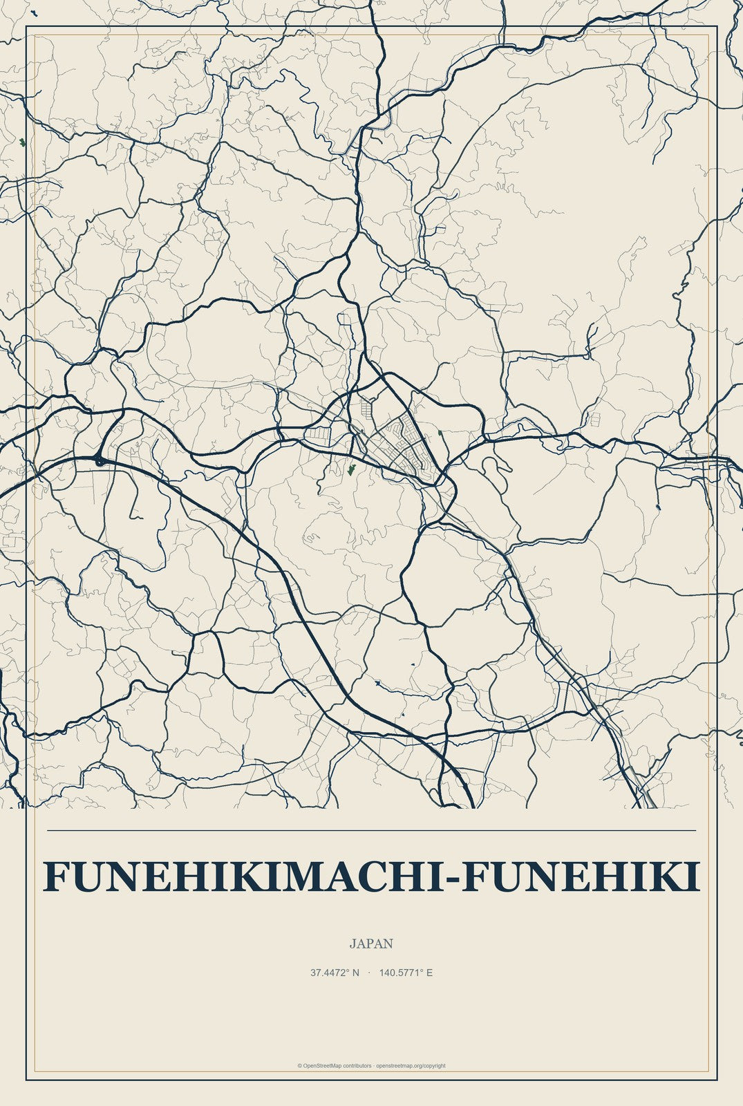 Funehikimachi-funehiki, Japan City Map Aluminum Sign in Coastal Cutout style