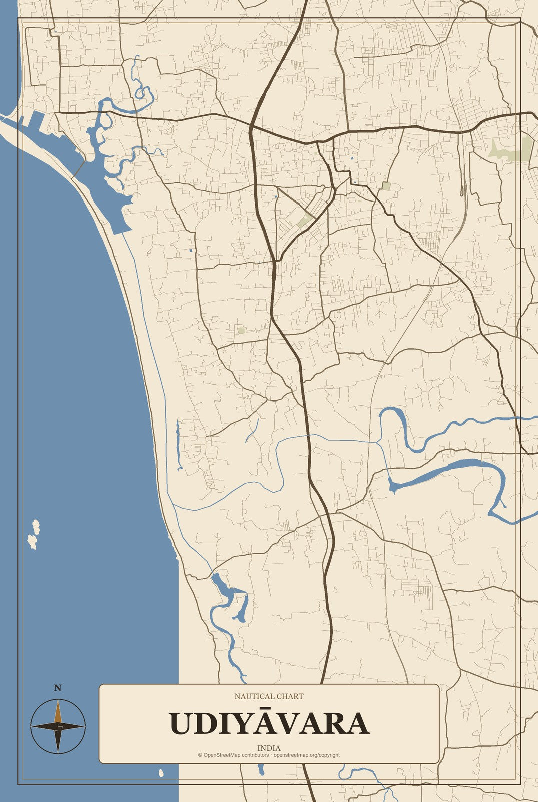Udiyāvara, India City Map Aluminum Sign in Heritage Nautical style