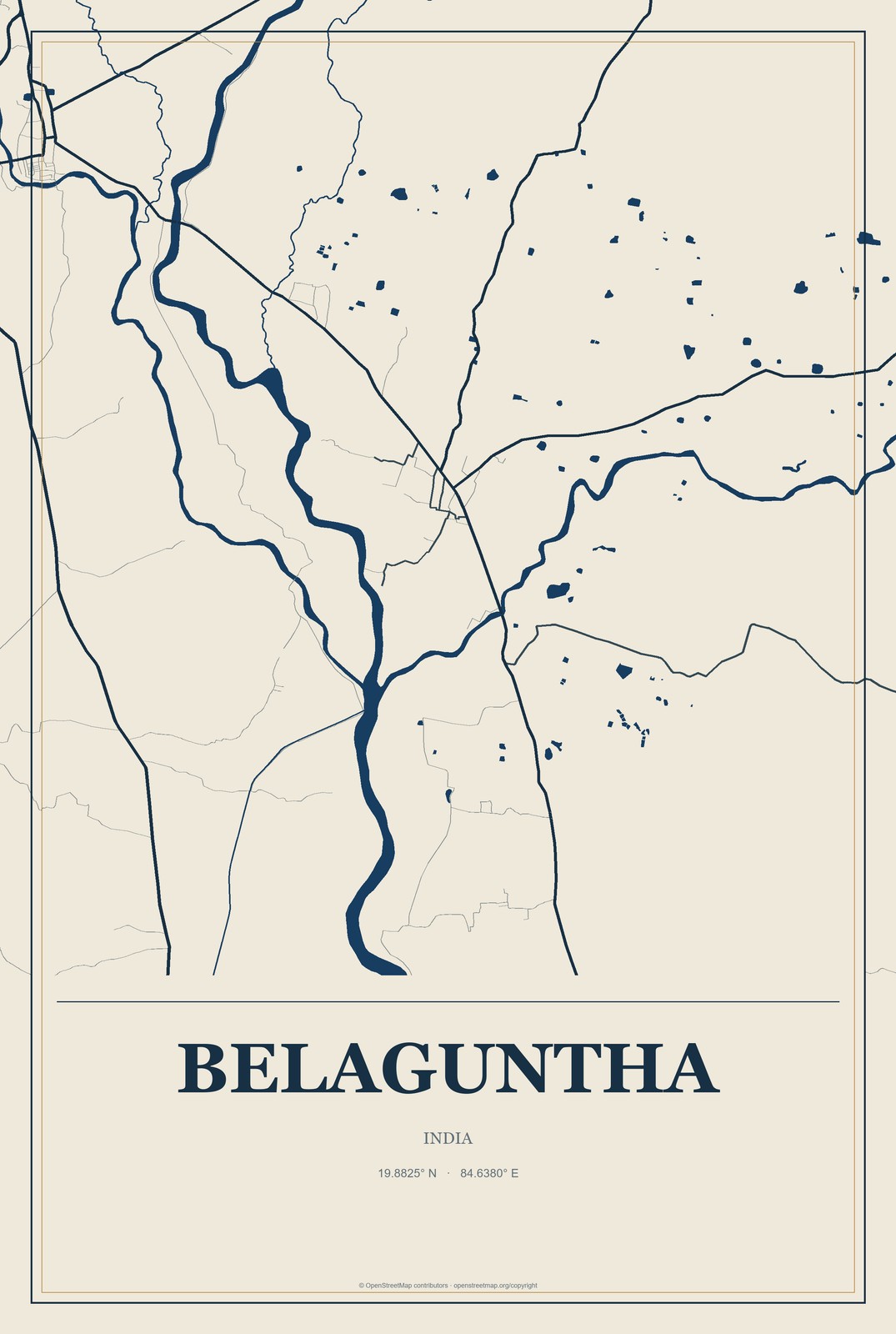 Belaguntha, India City Map Aluminum Sign in Coastal Cutout style