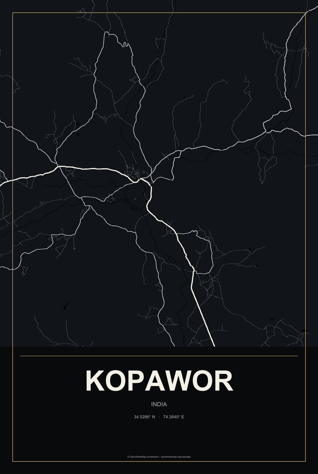 Kopawor, India City Map Aluminum Sign in Metropolitan Noir style