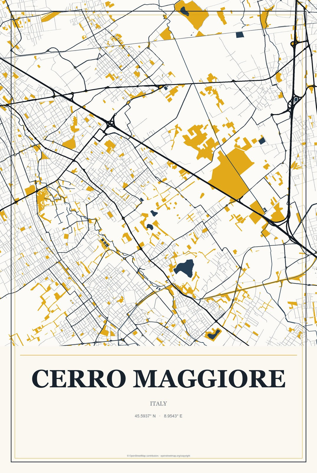 Cerro Maggiore, Italy City Map Aluminum Sign in Citrine Modern style