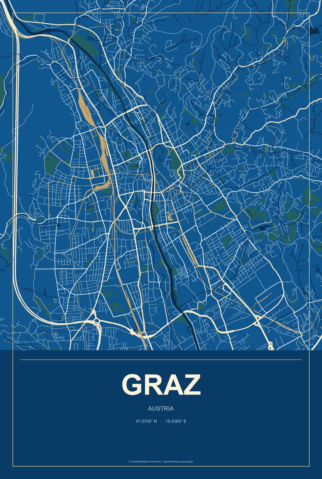 Graz, Austria City Map Aluminum Sign in Harbor Cobalt style