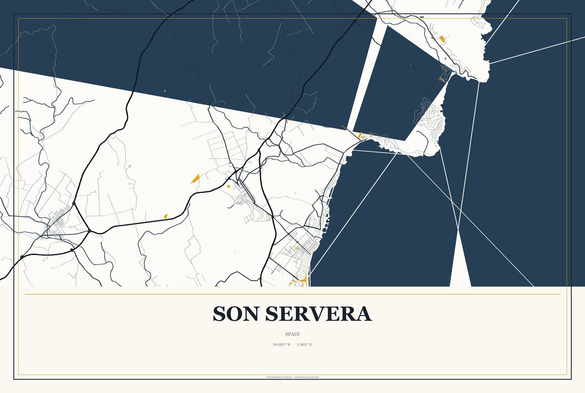 Son Servera, Spain City Map Aluminum Sign in Citrine Modern style