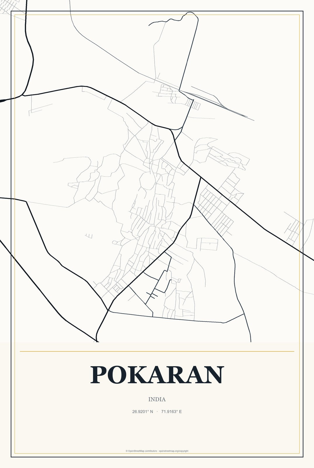 Pokaran, India City Map Aluminum Sign in Citrine Modern style