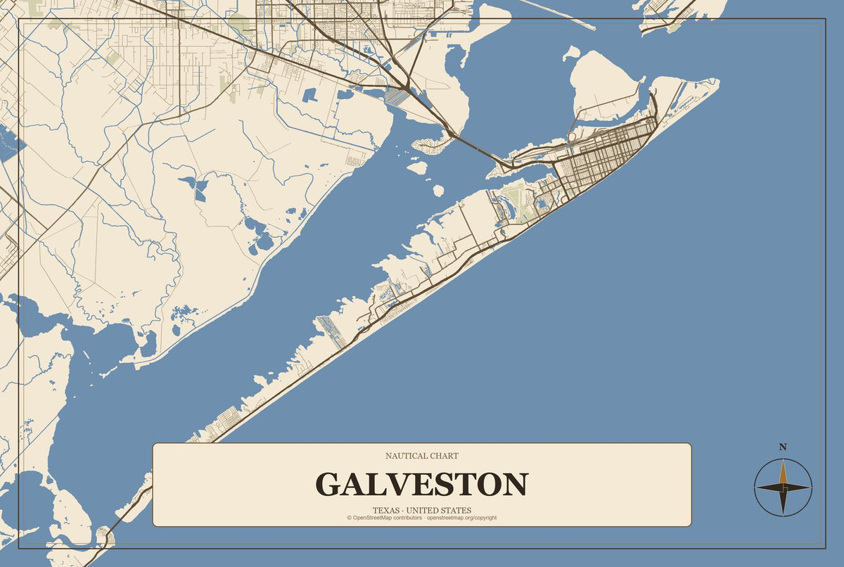 Galveston, Texas City Map Aluminum Sign in Heritage Nautical style