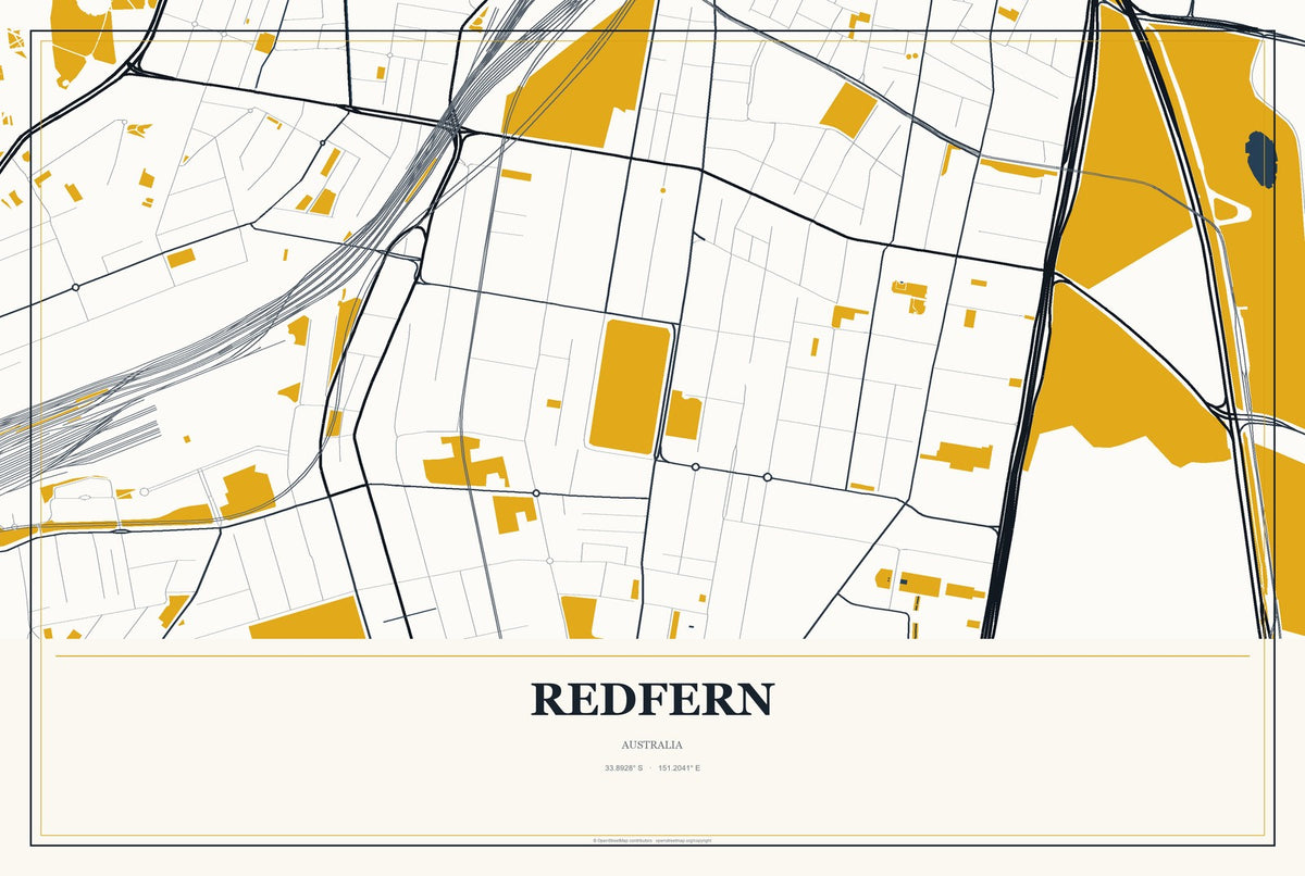 Redfern, Australia City Map Aluminum Sign in Citrine Modern style