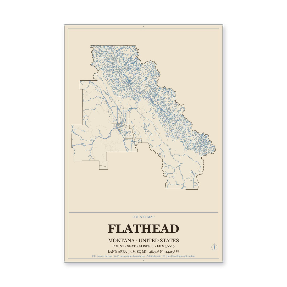 Flathead County, Montana Map Aluminum Sign in Heritage Nautical style