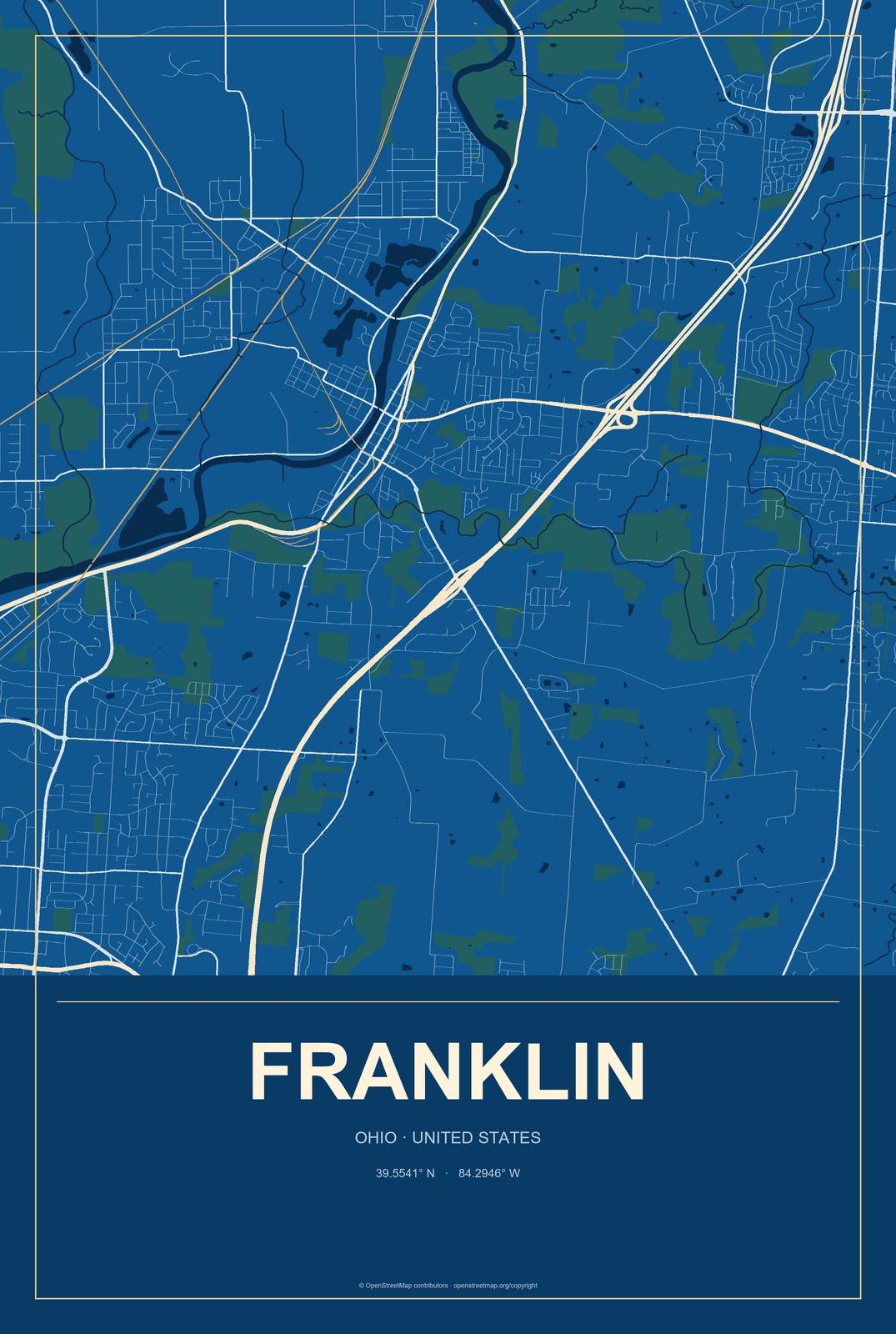 Franklin, Ohio City Map Aluminum Sign in Harbor Cobalt style
