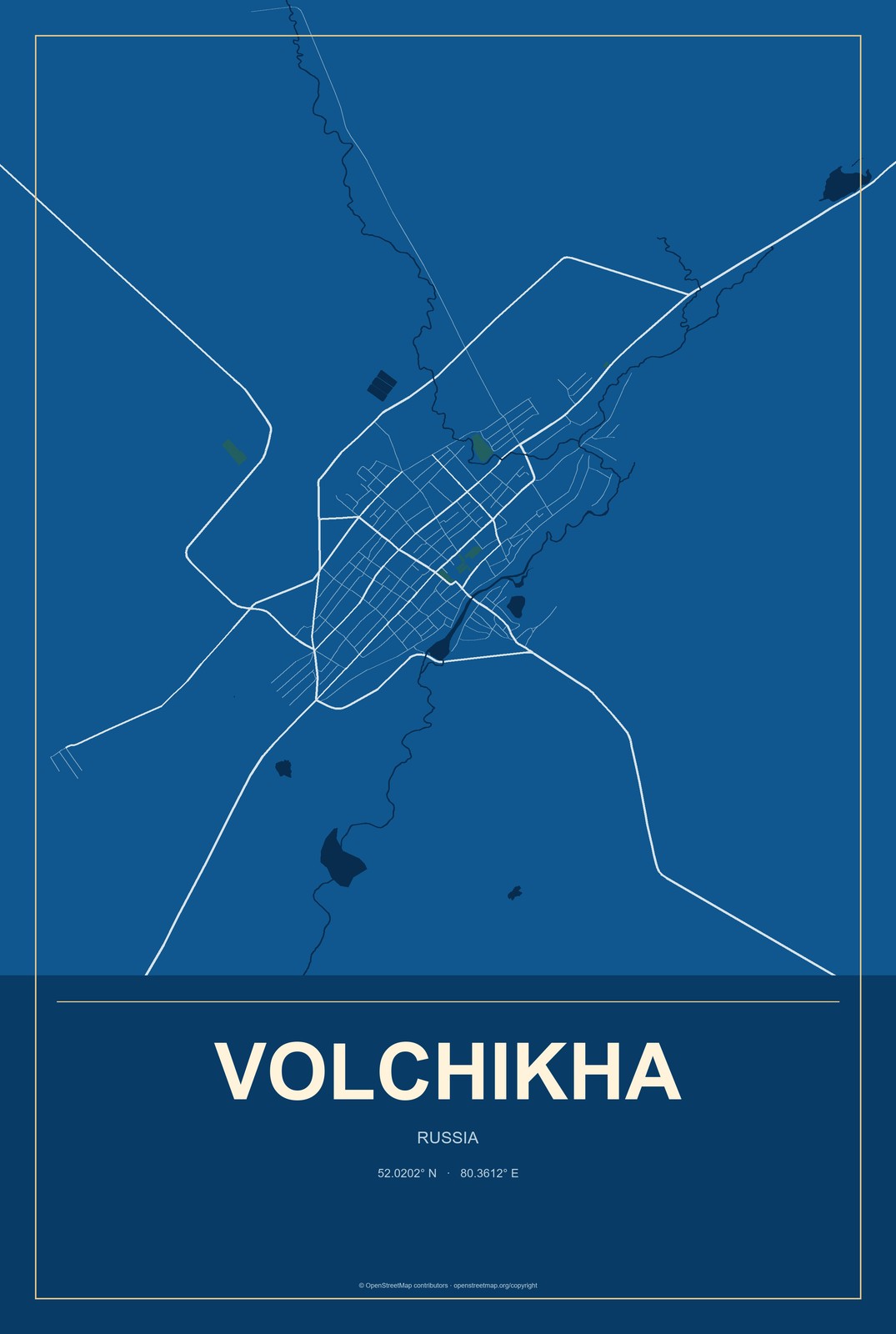 Volchikha, Russia City Map Aluminum Sign in Harbor Cobalt style