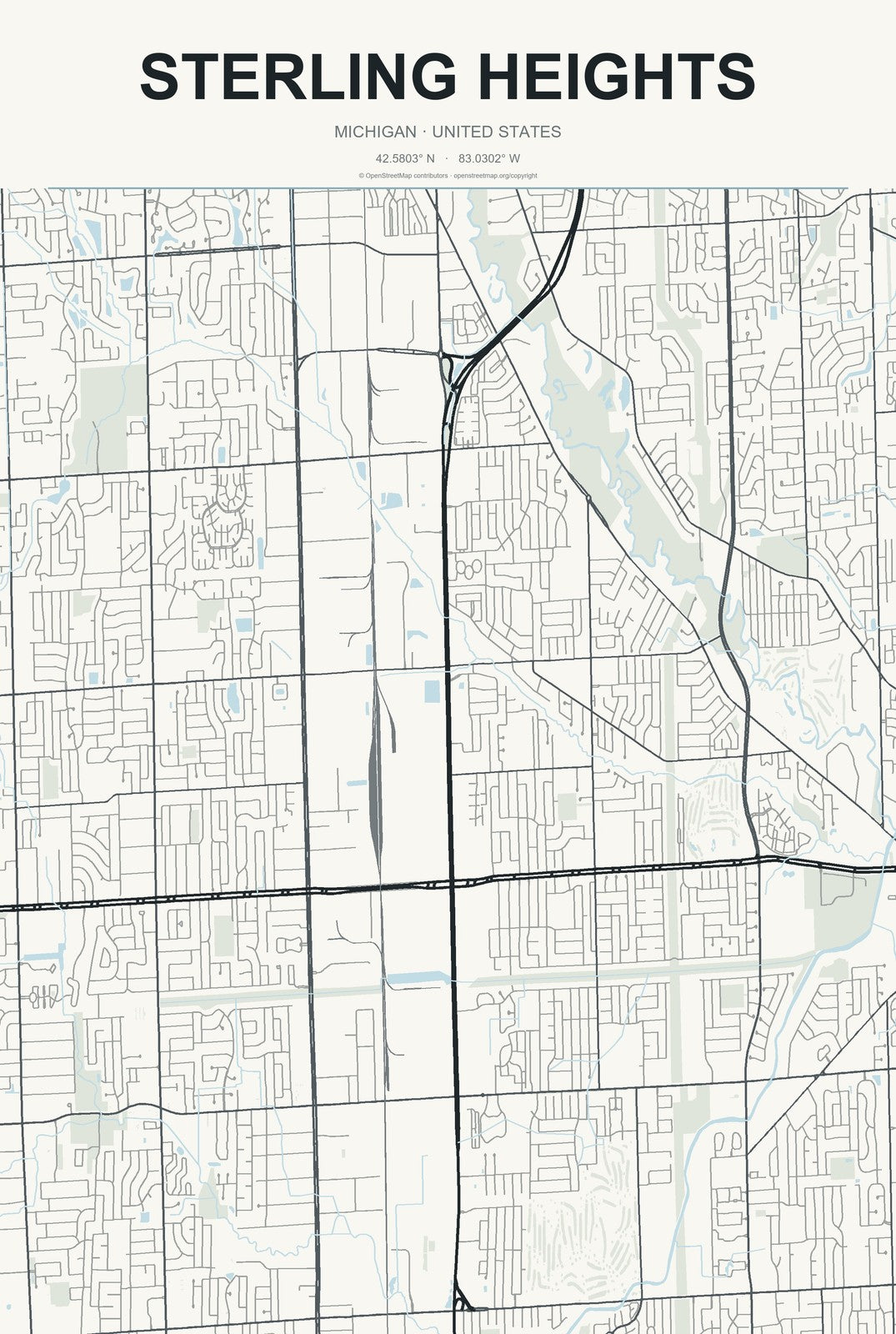 Sterling Heights, Michigan City Map Aluminum Sign in Headline Atlas style