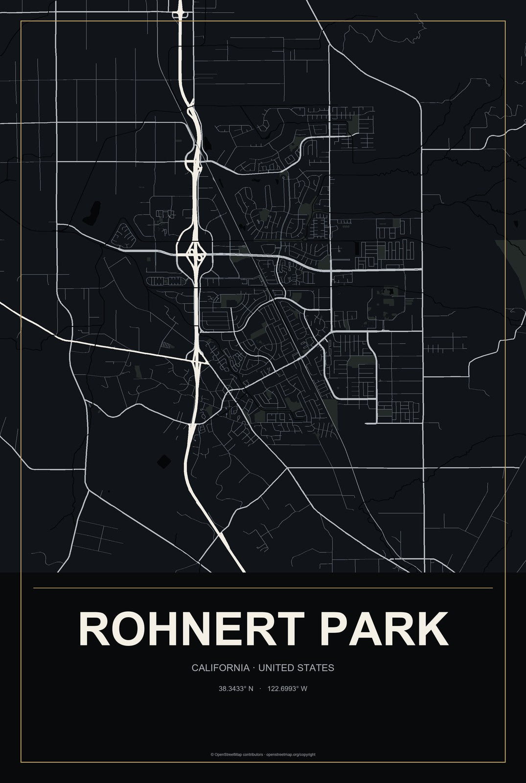 Rohnert Park, California City Map Aluminum Sign in Metropolitan Noir style