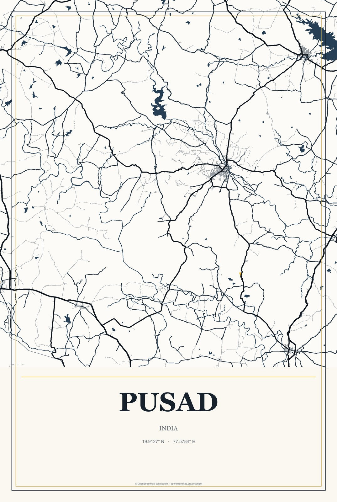Pusad, India City Map Aluminum Sign in Citrine Modern style