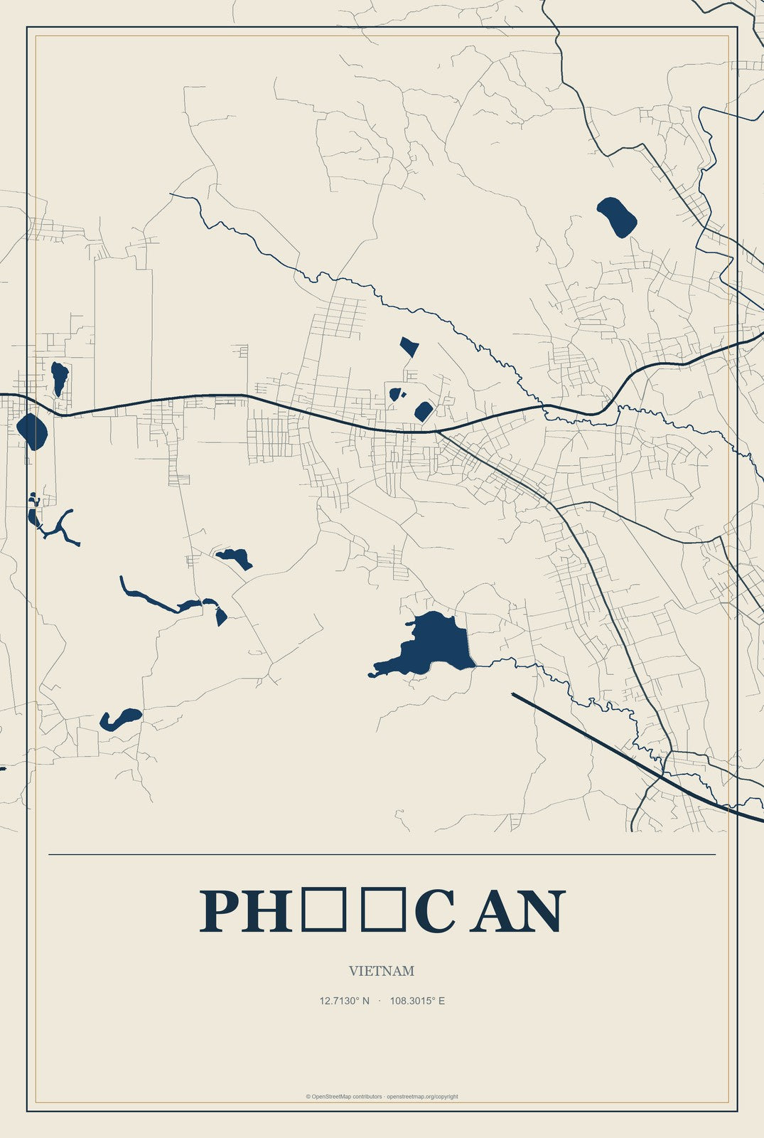 Phước An, Vietnam City Map Aluminum Sign in Coastal Cutout style