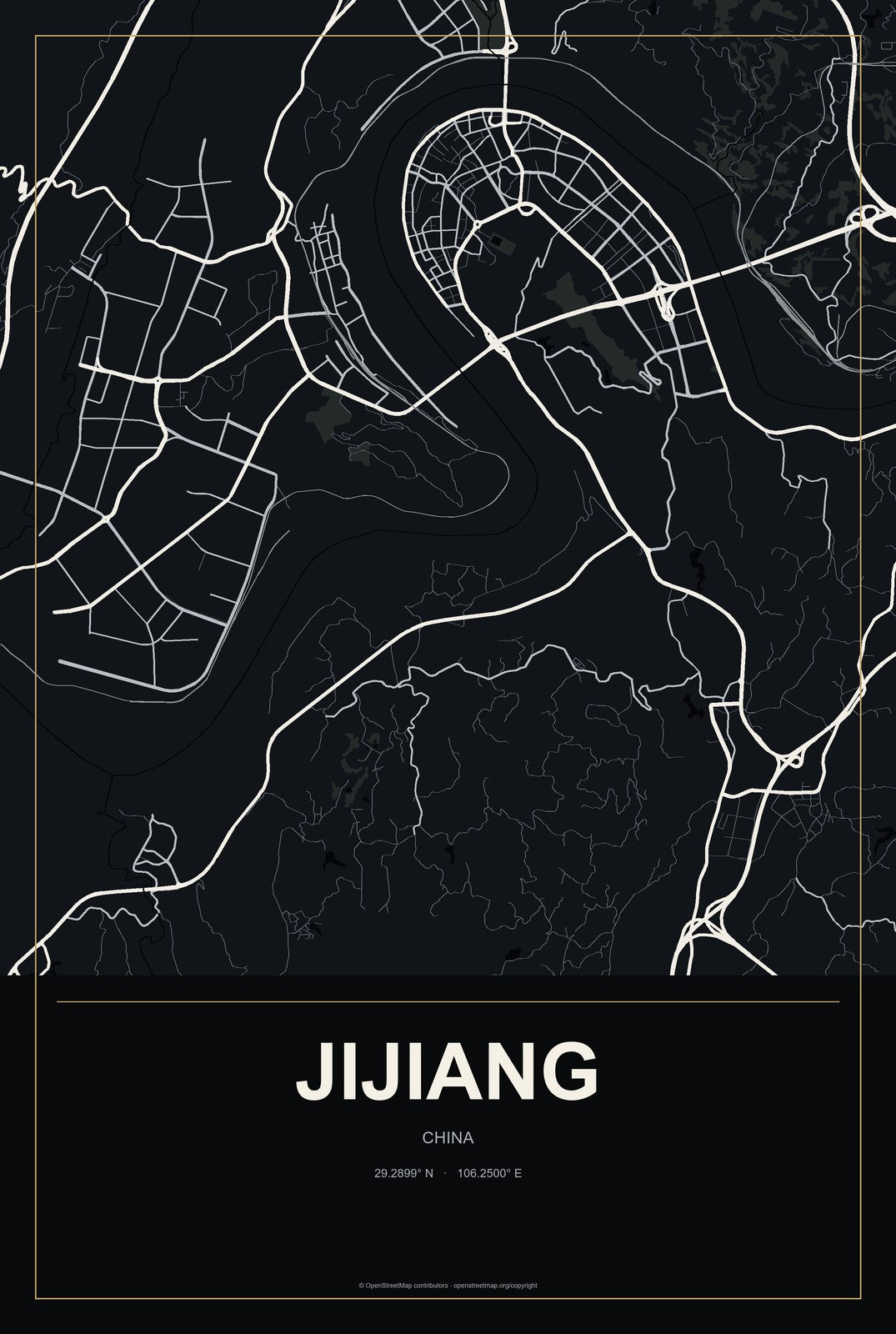 Jijiang, China City Map Aluminum Sign in Metropolitan Noir style