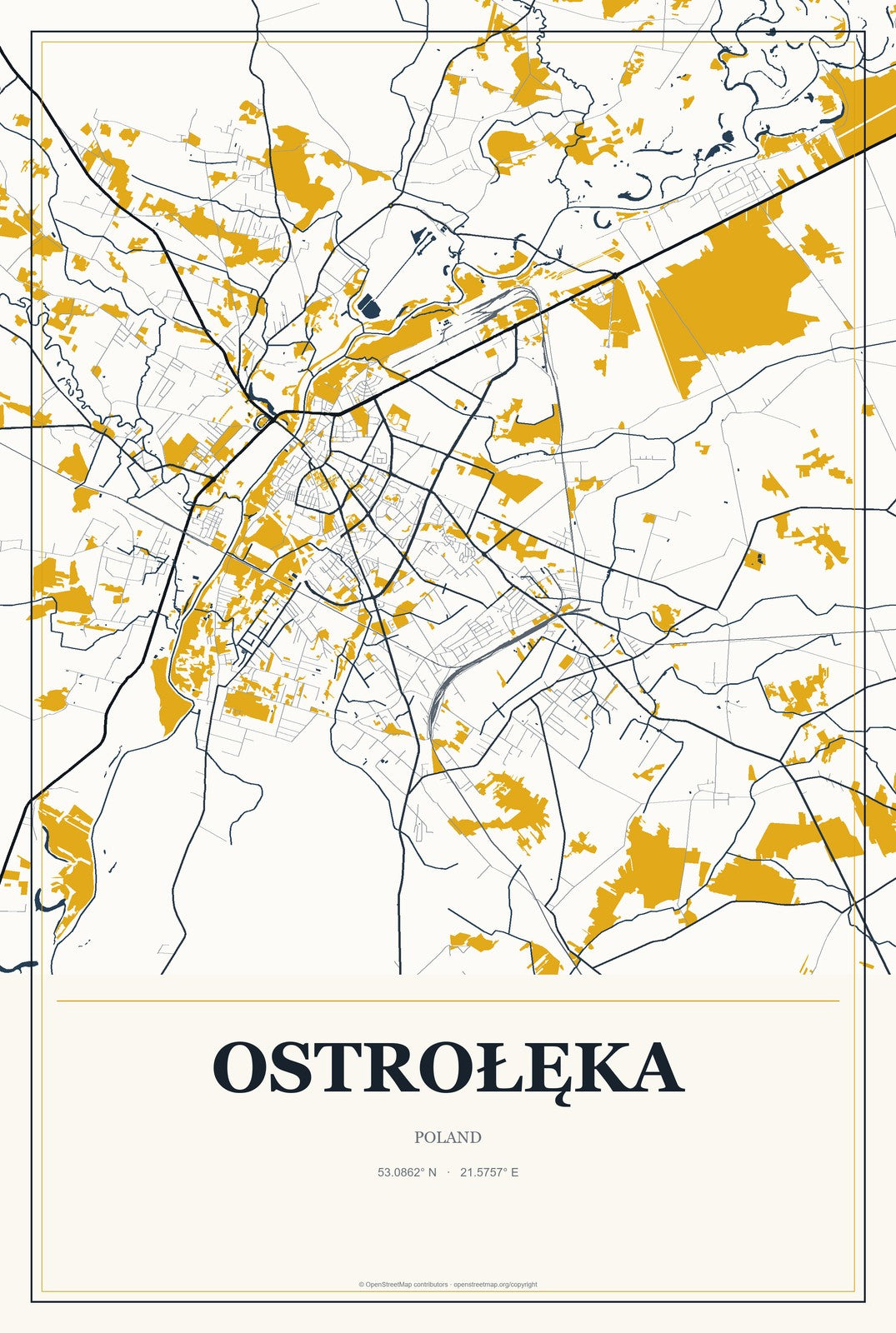 Ostrołęka, Poland City Map Aluminum Sign in Citrine Modern style
