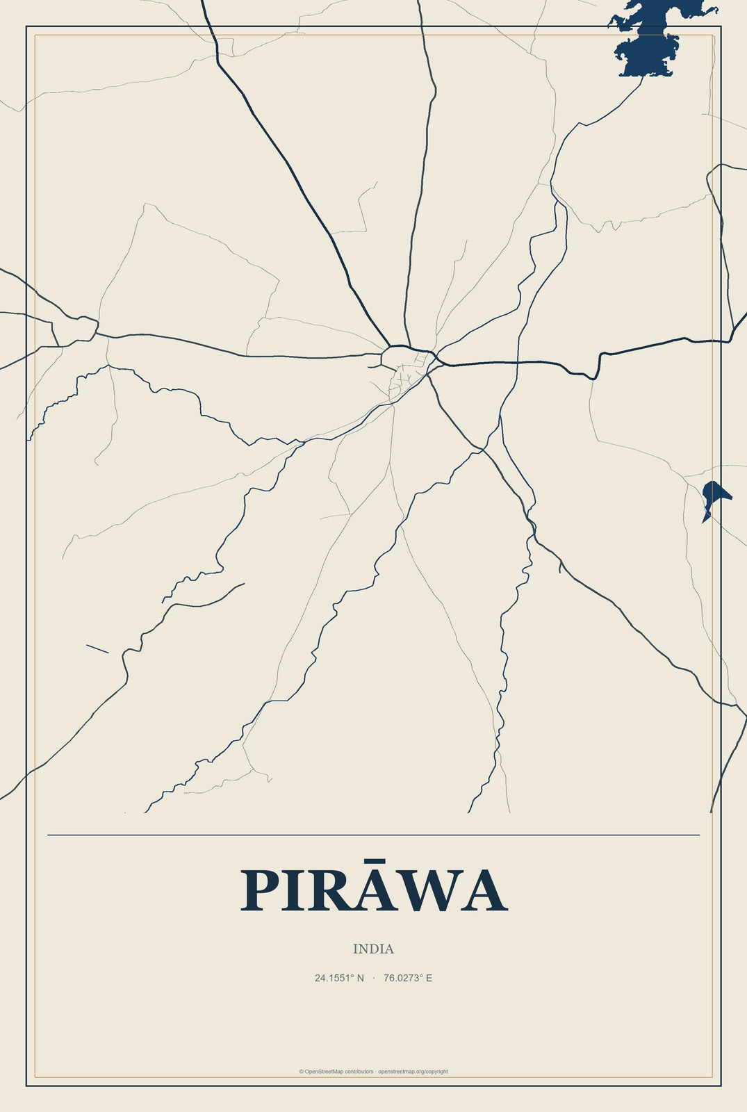 Pirāwa, India City Map Aluminum Sign in Coastal Cutout style