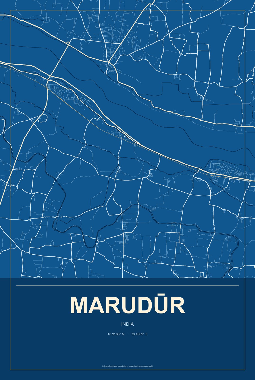 Marudūr, India City Map Aluminum Sign in Harbor Cobalt style