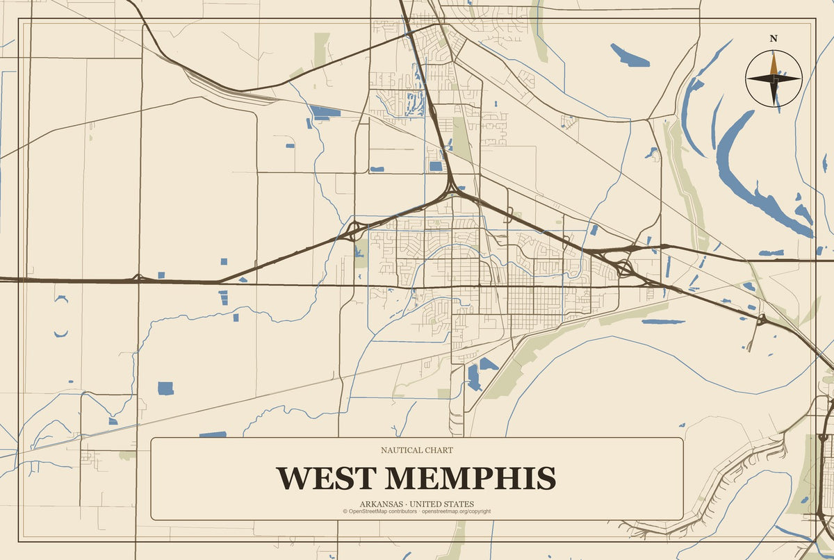 West Memphis, Arkansas City Map Aluminum Sign in Heritage Nautical style