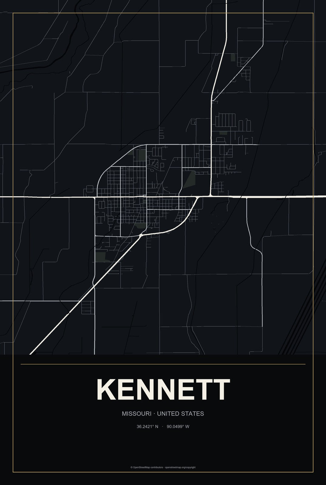 Kennett, Missouri City Map Aluminum Sign in Metropolitan Noir style