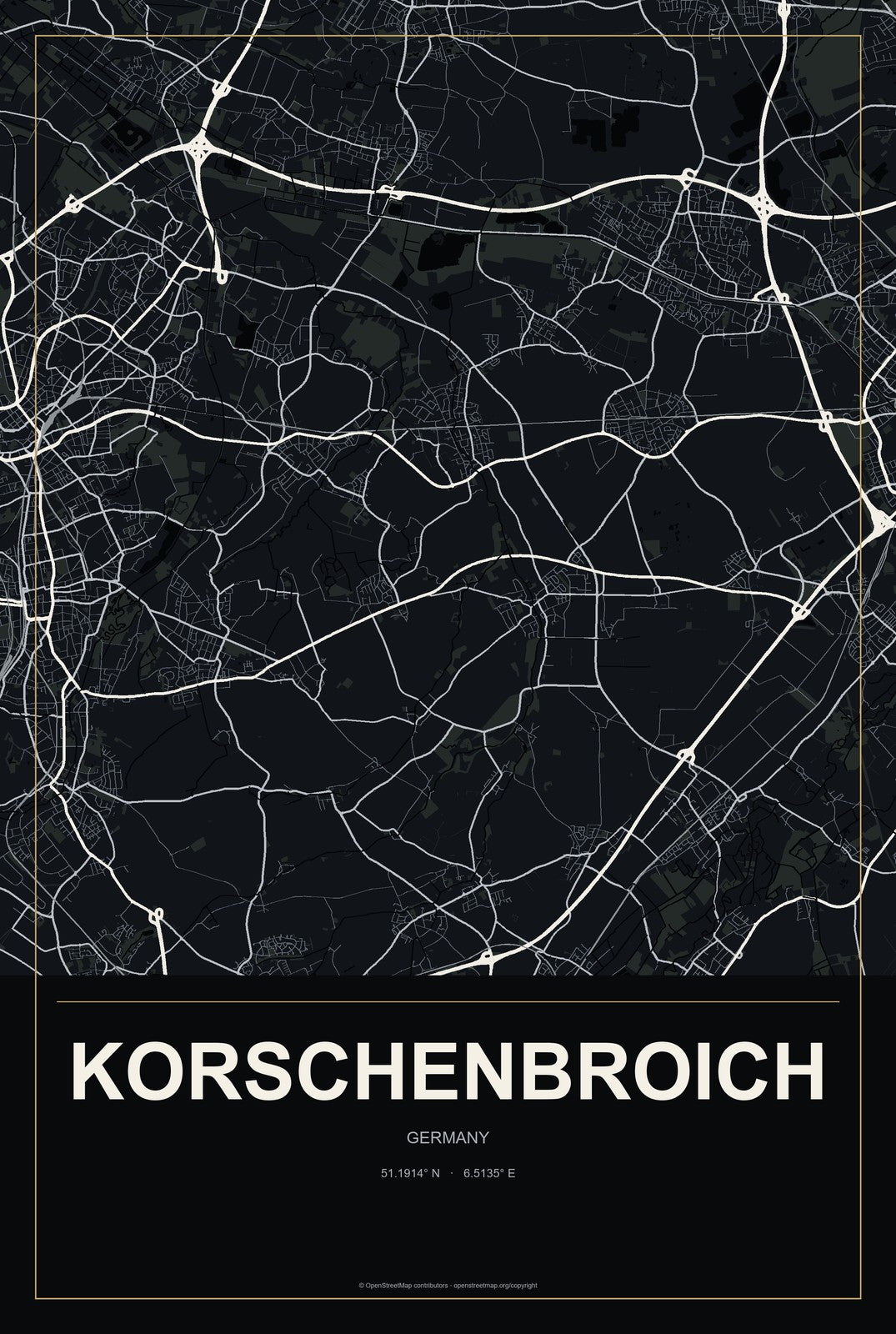 Korschenbroich, Germany City Map Aluminum Sign in Metropolitan Noir style