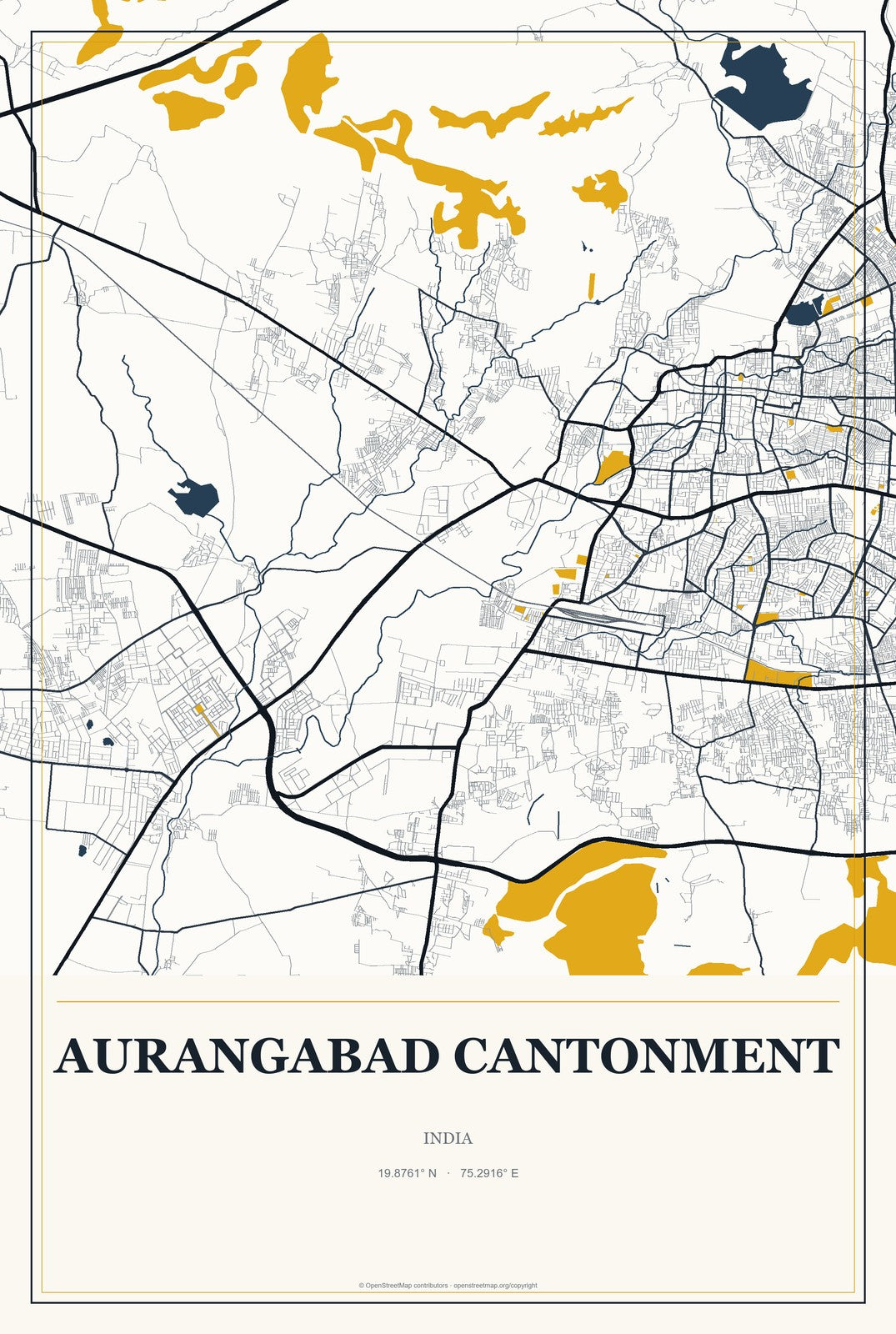 Aurangabad Cantonment, India City Map Aluminum Sign in Citrine Modern style