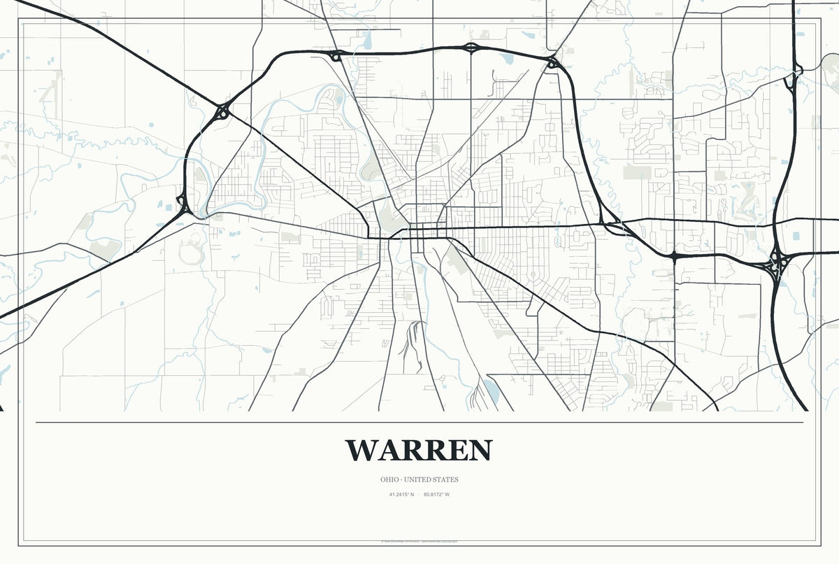 Warren, Ohio City Map Aluminum Sign in Gallery Air style