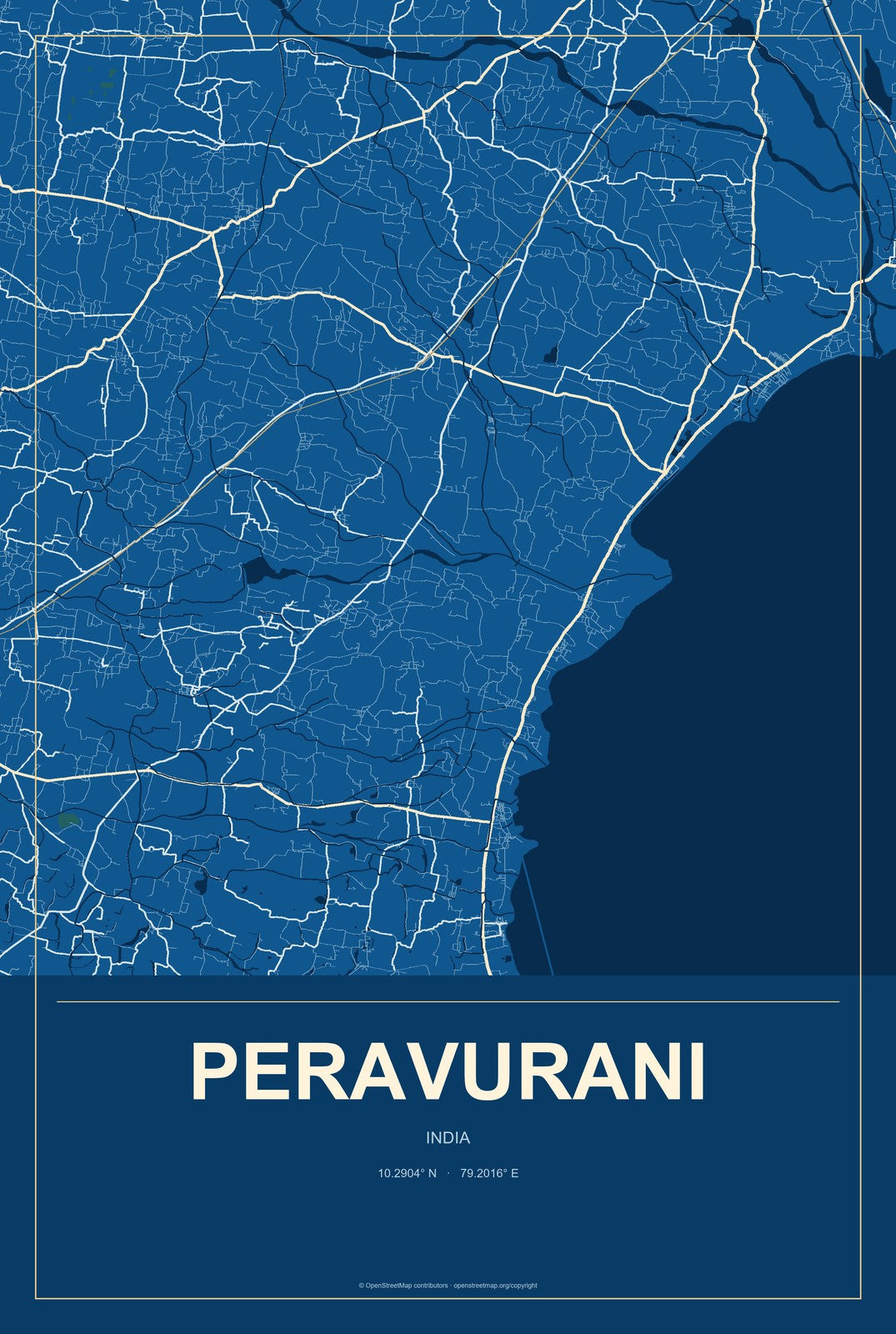 Peravurani, India City Map Aluminum Sign in Harbor Cobalt style