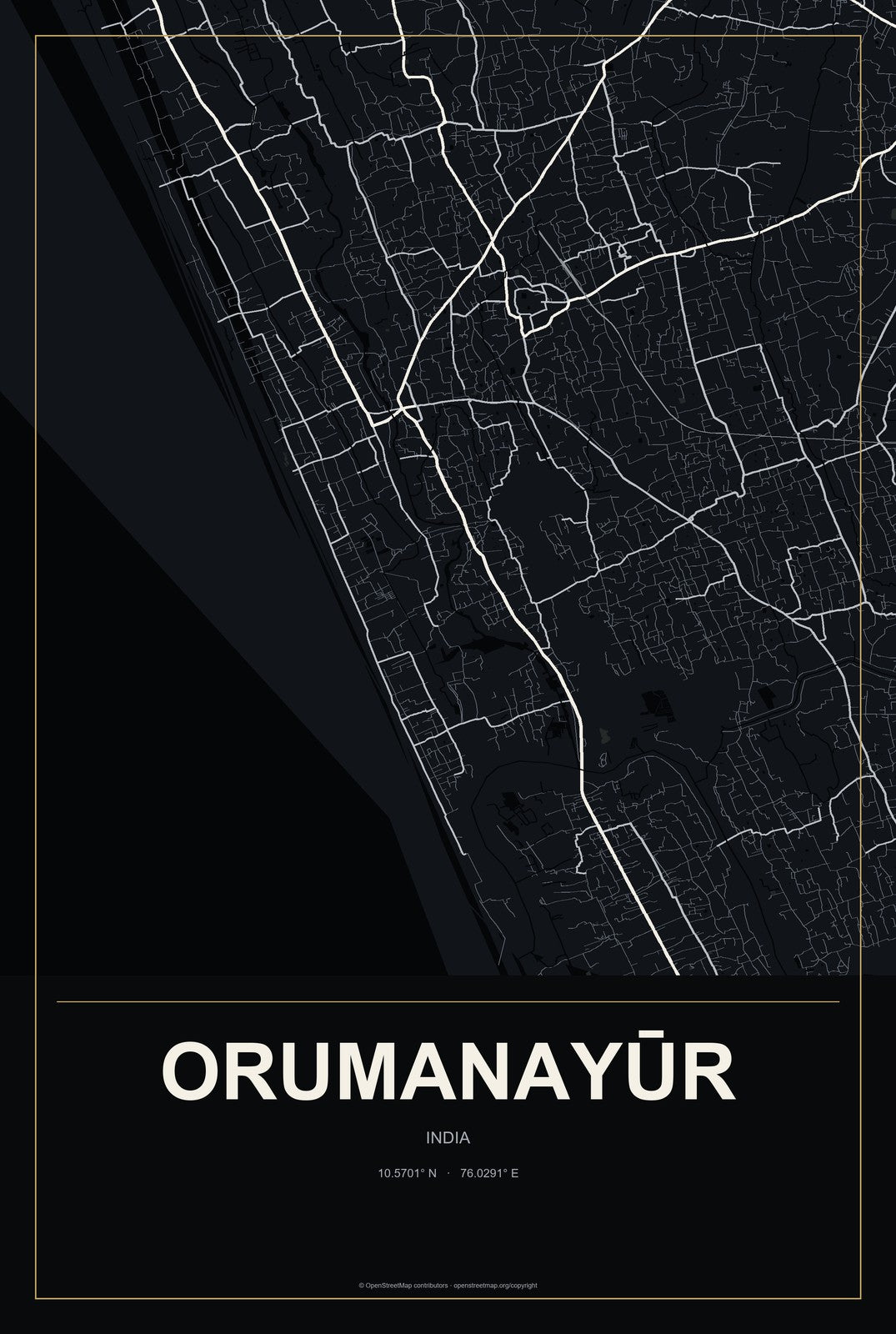 Orumanayūr, India City Map Aluminum Sign in Metropolitan Noir style