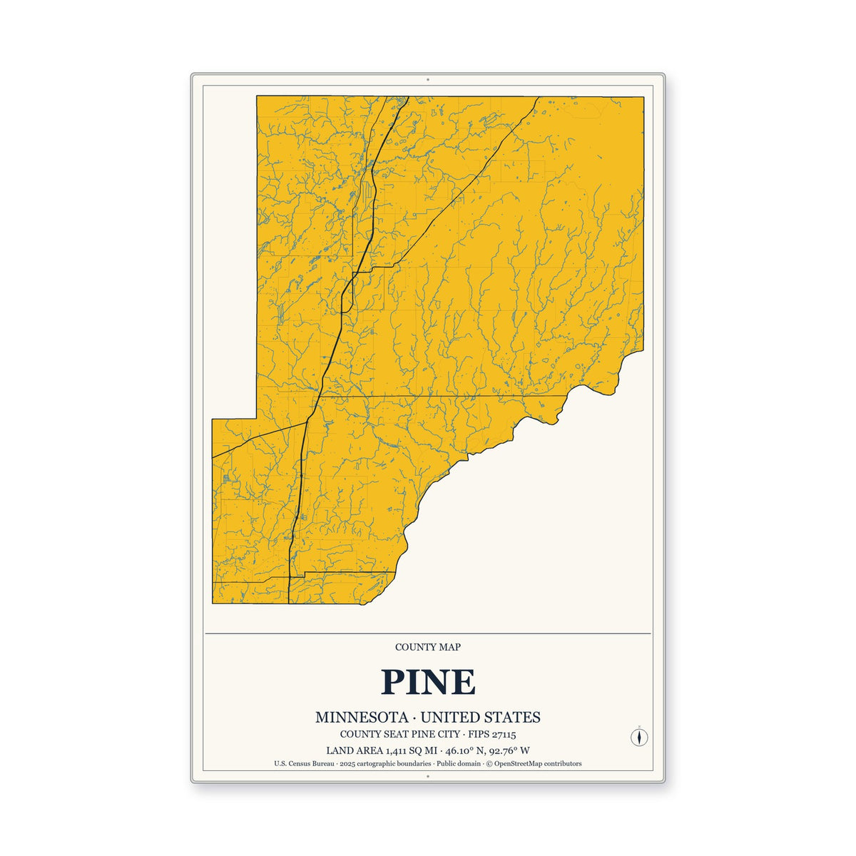 Pine County, Minnesota Map Aluminum Sign in Citrine Modern style