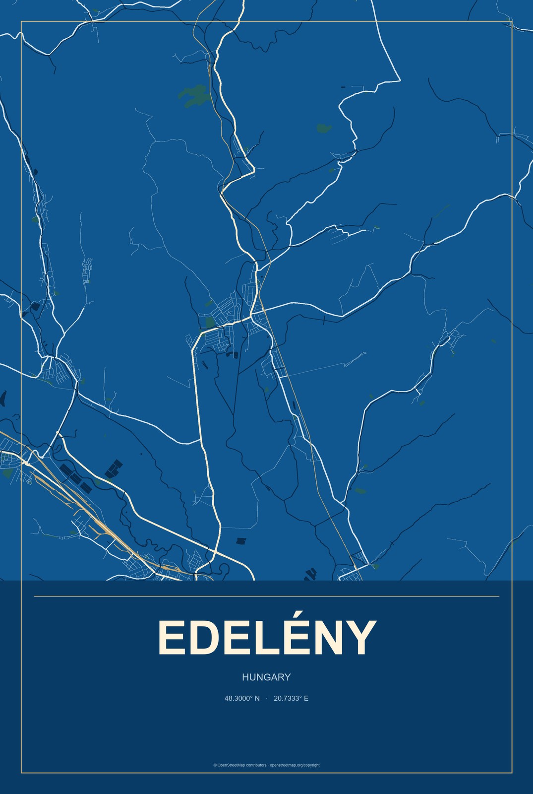 Edelény, Hungary City Map Aluminum Sign in Harbor Cobalt style