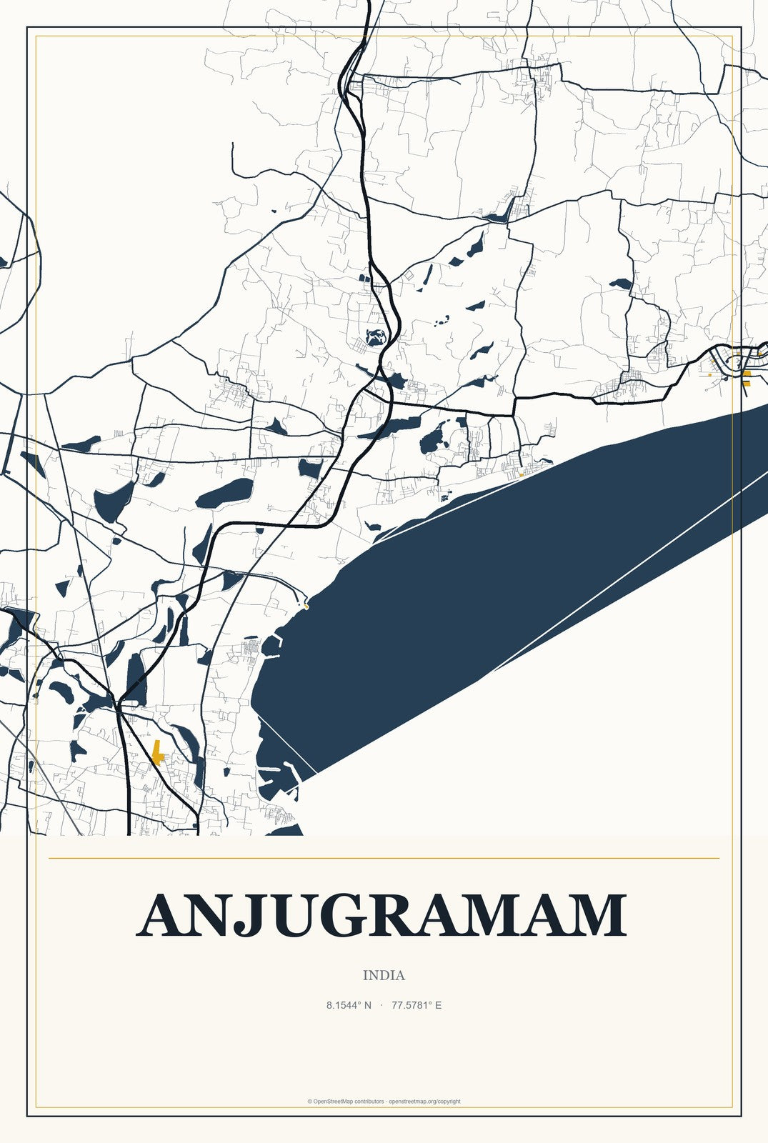 Anjugramam, India City Map Aluminum Sign in Citrine Modern style
