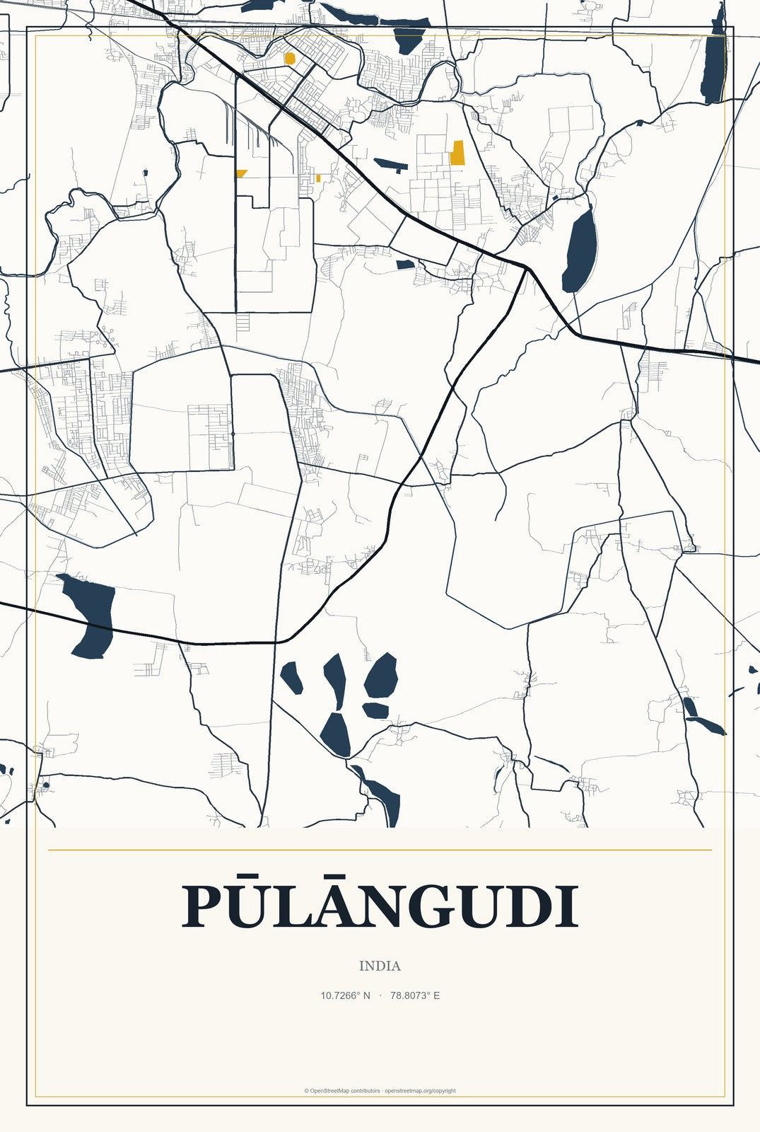 Pūlāngudi, India City Map Aluminum Sign in Citrine Modern style