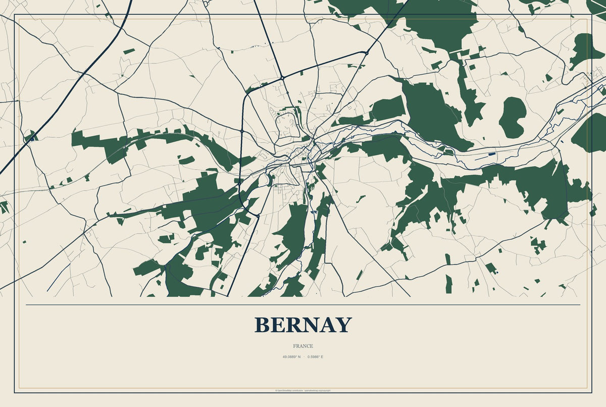 Bernay, France City Map Aluminum Sign in Coastal Cutout style