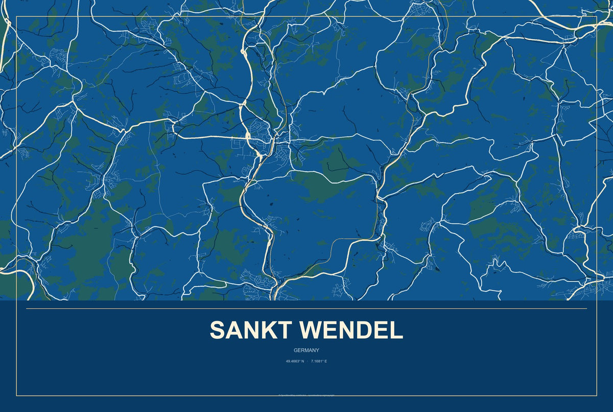 Sankt Wendel, Germany City Map Aluminum Sign in Harbor Cobalt style