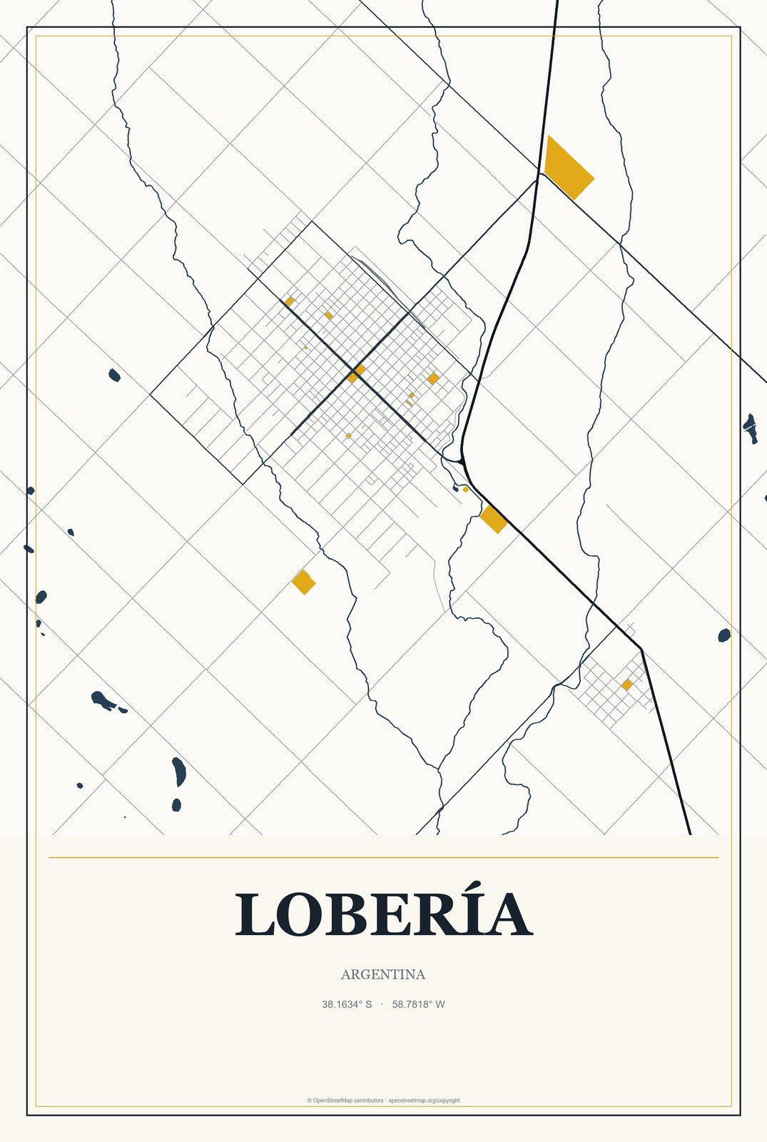 Lobería, Argentina City Map Aluminum Sign in Citrine Modern style