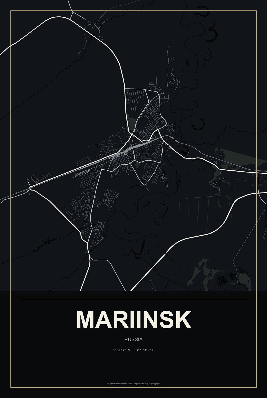 Mariinsk, Russia City Map Aluminum Sign in Metropolitan Noir style