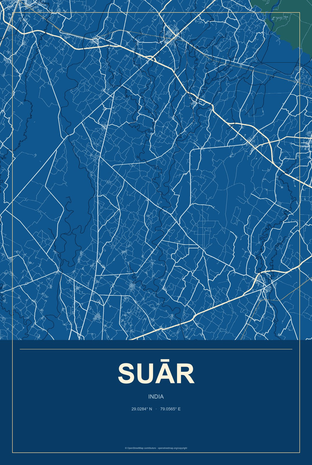 Suār, India City Map Aluminum Sign in Harbor Cobalt style