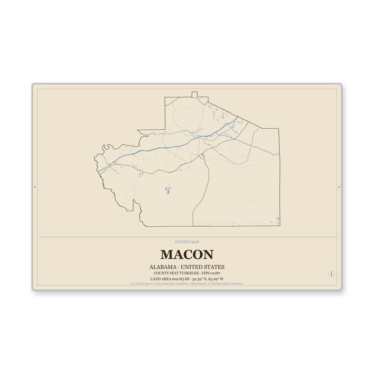 Macon County, Alabama Map Aluminum Sign in Heritage Nautical style