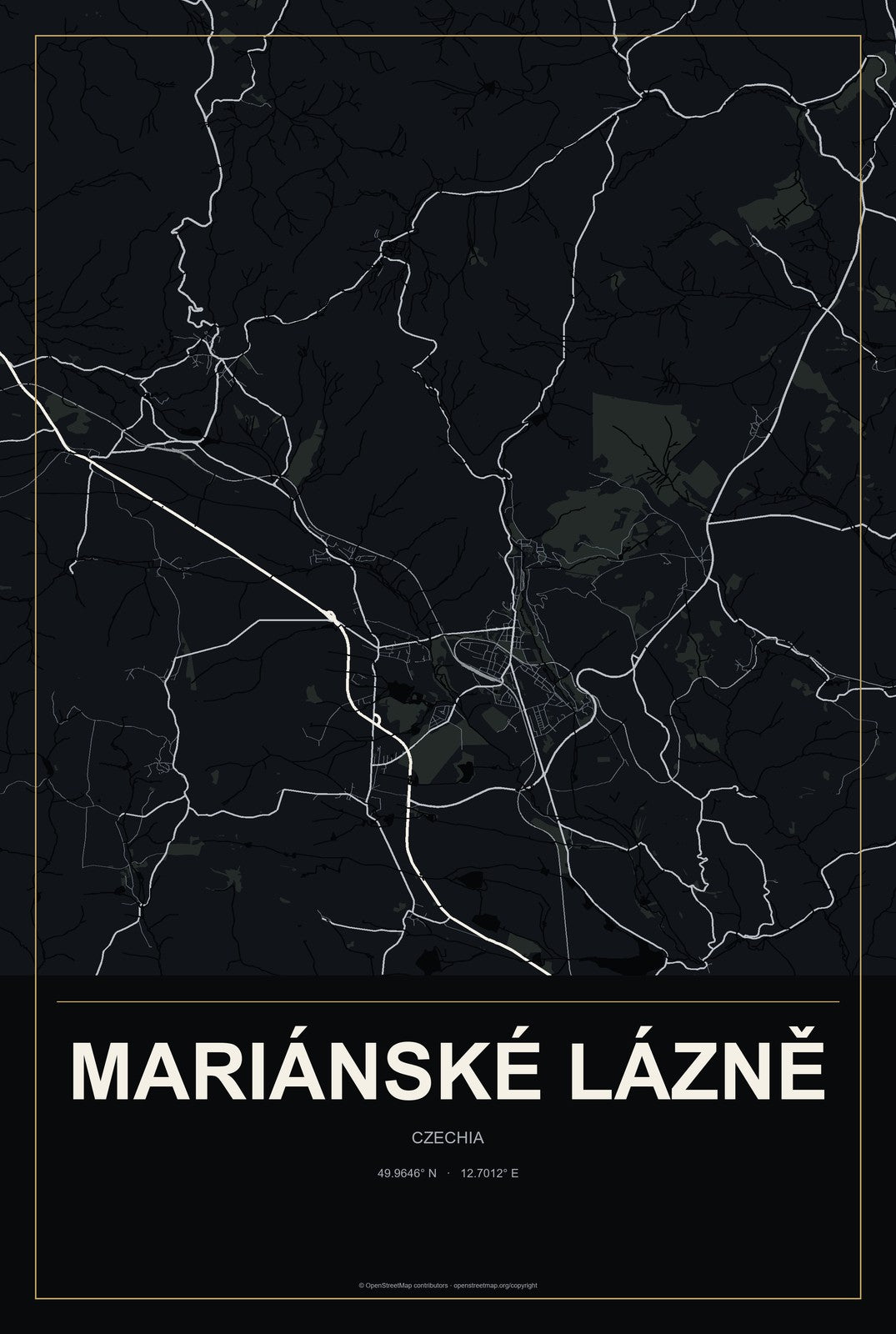 Mariánské Lázně, Czechia City Map Aluminum Sign in Metropolitan Noir style