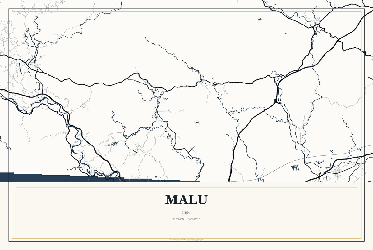 Malu, Guangxi, China City Map Aluminum Sign in Citrine Modern style